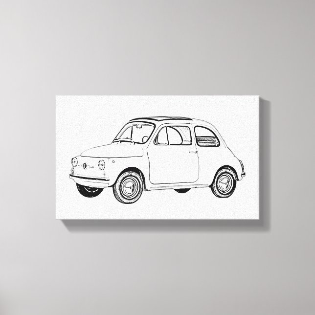 Svartvit Fiat 500 Topolino Teckning Canvastryck (Framsida)