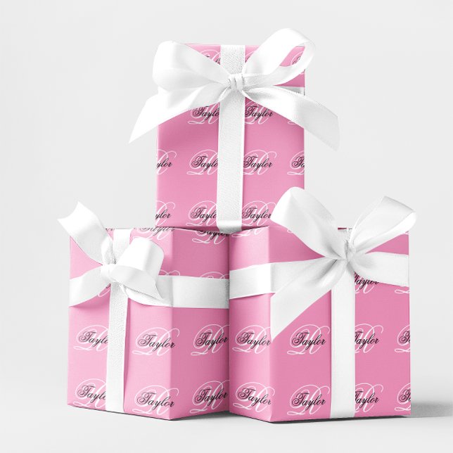 Svartvit Finare Monogram-Rosa Presentpapper (Black and White Fancy Monogram Pink Wrapping Paper)
