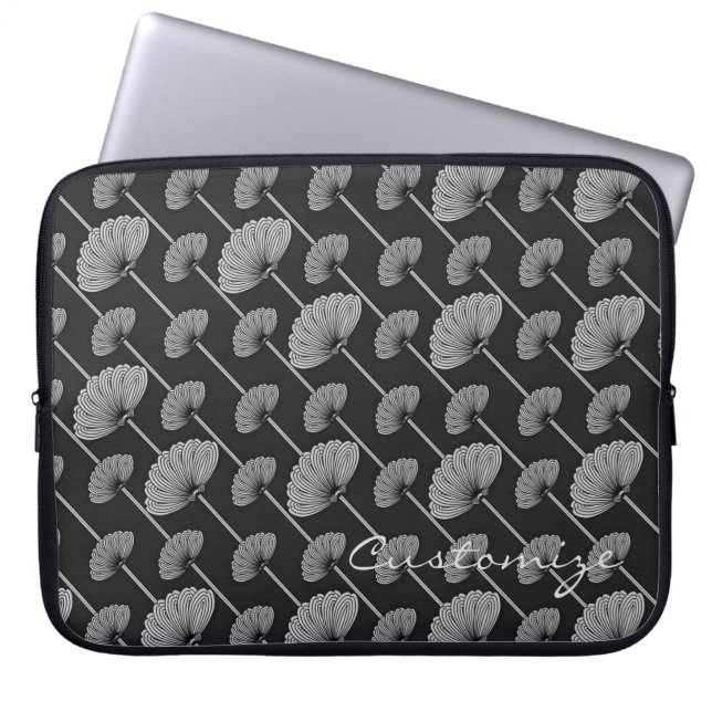 Svartvit Fjädrad Blommigt Fläkt Laptop sleeve (Framsidan)