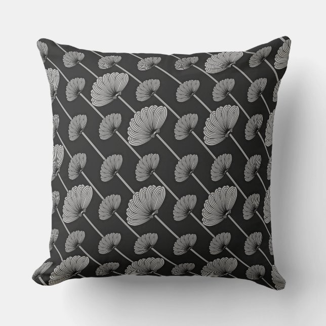 Svartvit Fjädrad Blommigt Fläkt Mönster Pillow Kudde (Framsida)