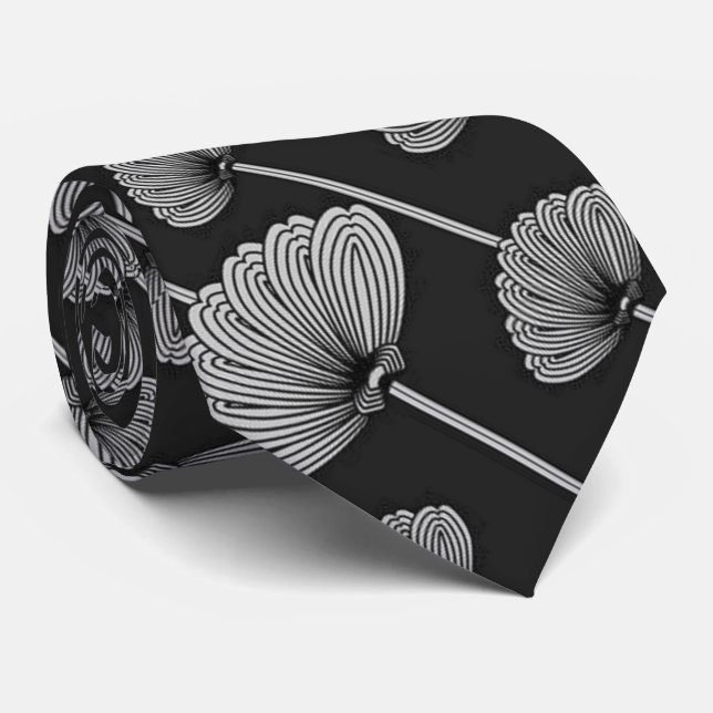 Svartvit Fjädrad Blommigt Fläkt Mönster Tie Slips (Rullad)