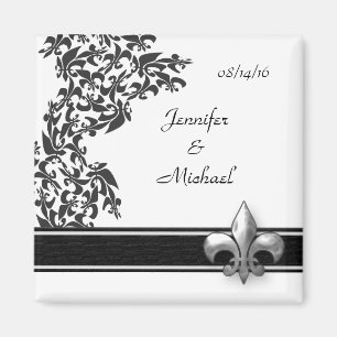 Svartvit Fleur de Lis Damast bröllopmagnet Magnet