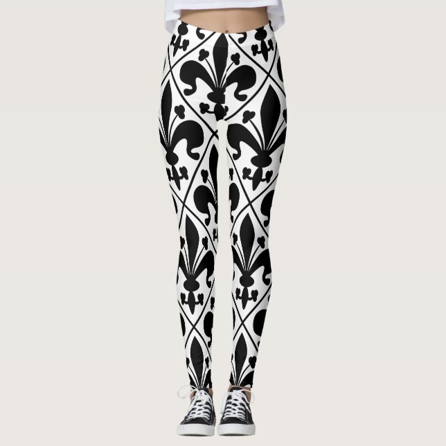 Svartvit Fleur de Lis Fransk klassiker Leggings (Framsida)