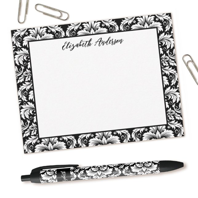 Svartvit  för elegant anteckningskort (Elegant black and white damask notecard, Personalize it with your name.)