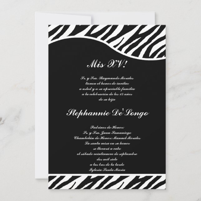 svartvit för Quinceanera för sebra 5x7 inbjudan (Framsida)