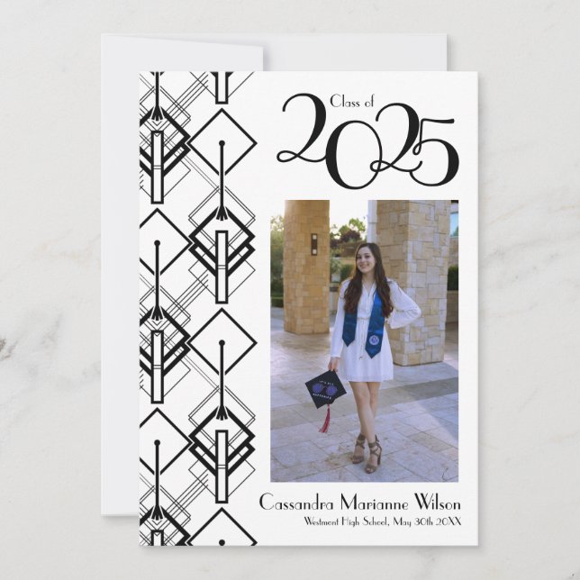 Svartvit förklaring från Studenten Art Deco Black Inbjudningar (Framsida)