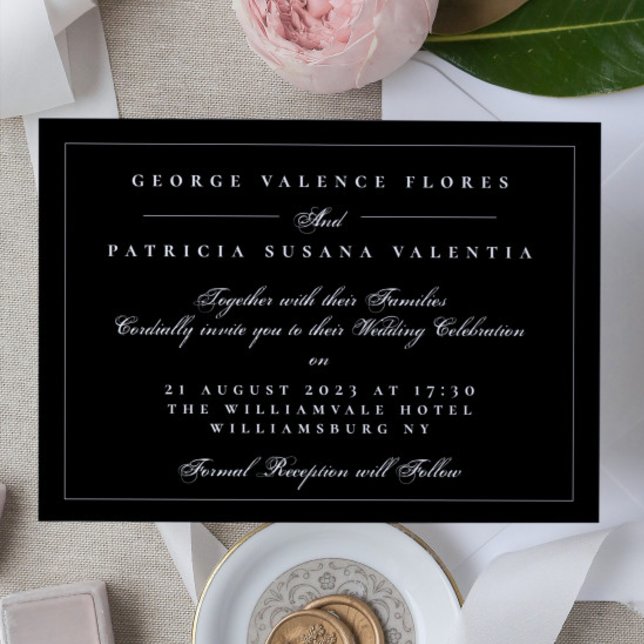 Svartvit formcellsfärgad kalligrafi Elegant bröllo Inbjudningar (Skapare uppladdad)