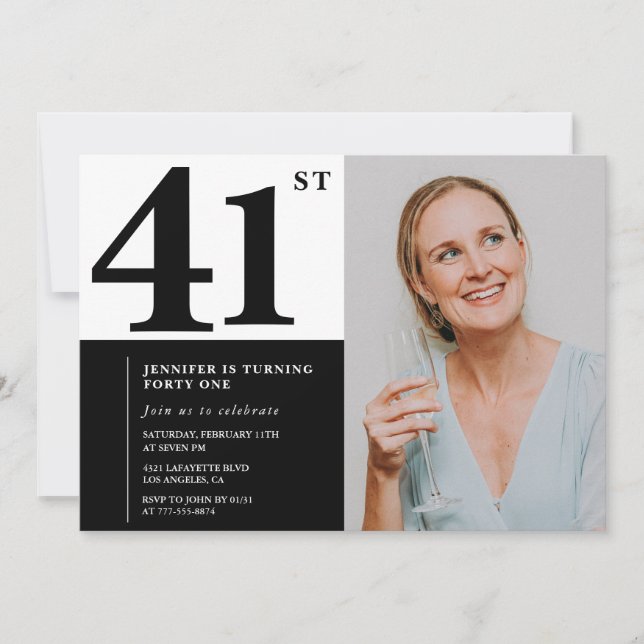 Svartvit foto 41:a födelsedagsinbjudan inbjudningar (Framsida)