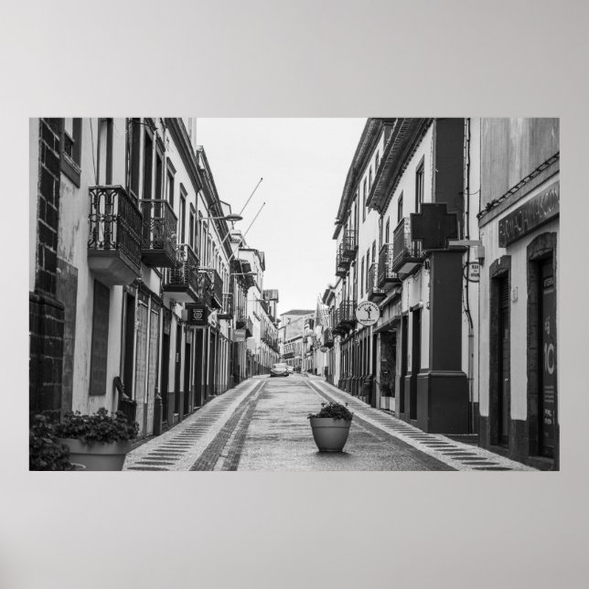 Svartvit foto av Empty European Street Poster (Framsidan)
