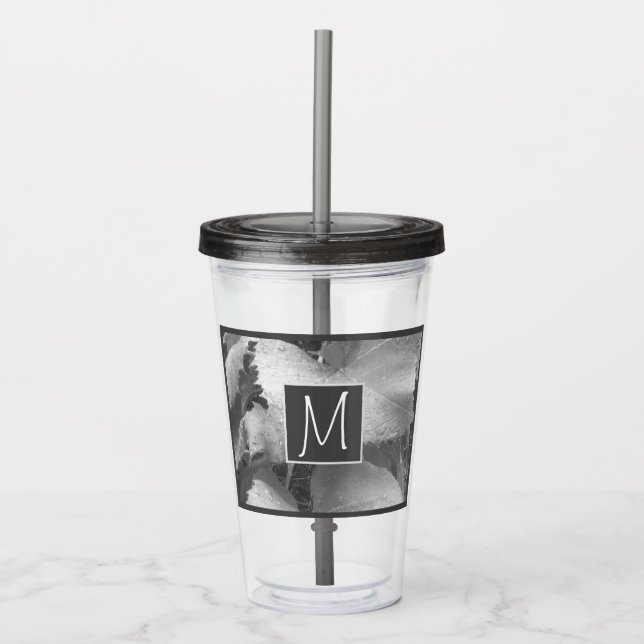 Svartvit foto av Grape Löv Initial Grått Take Away Mugg (Framsida)