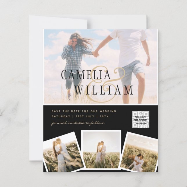 Svartvit FOTO-bröllopsinbjudan QR CODE-Spara (Framsida)