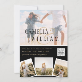 Svartvit FOTO-bröllopsinbjudan QR CODE-Spara Inbjudningar