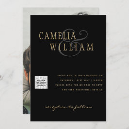 Svartvit FOTO-bröllopsinbjudan QR CODE-Spara Inbjudningar