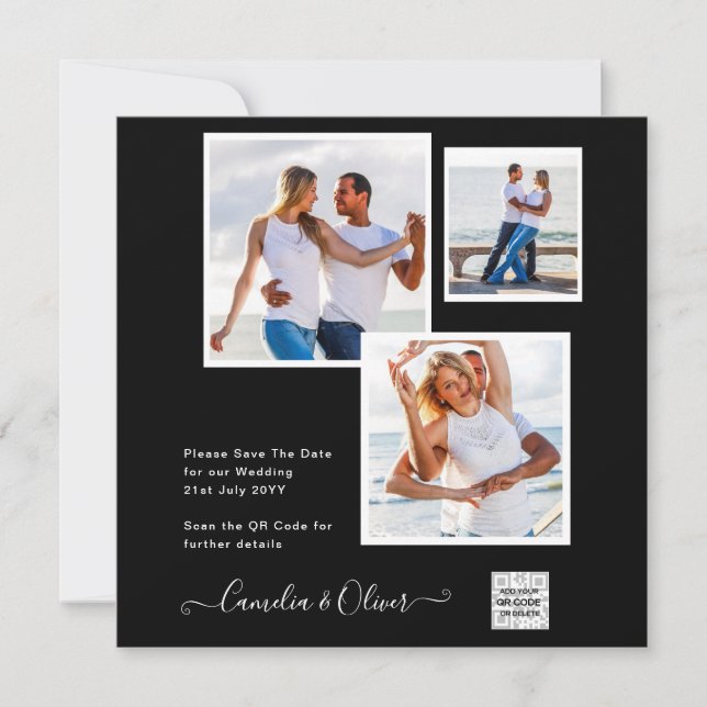 Svartvit FOTO-bröllopsinbjudan QR-kod - Spara datu (Framsida)