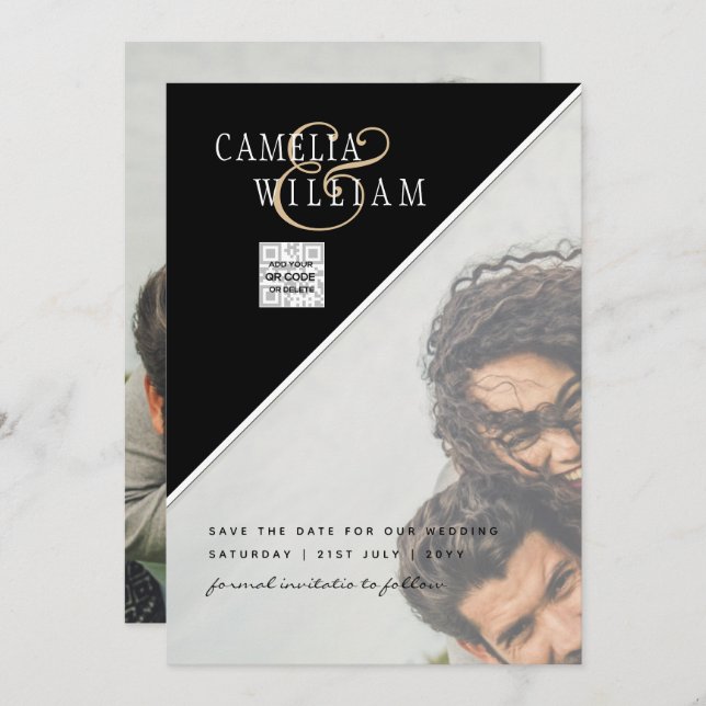 Svartvit FOTO-bröllopsinbjudan QR-kod - Spara datu Inbjudningar (Fram/baksida)