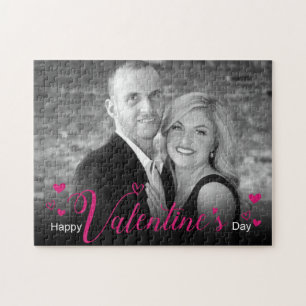 Svartvit foto med modern Rosa Script Chic Hearts Pussel