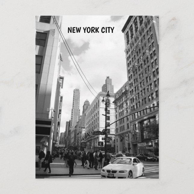 Svartvit foto New York City byggnad-bilar Vykort (Framsida)