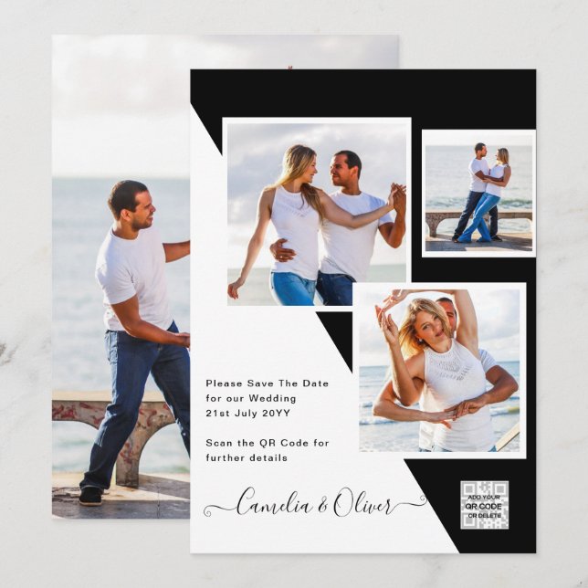 Svartvit fotobröllop - inbjudan QR-kod - Spara dat (Fram/baksida)