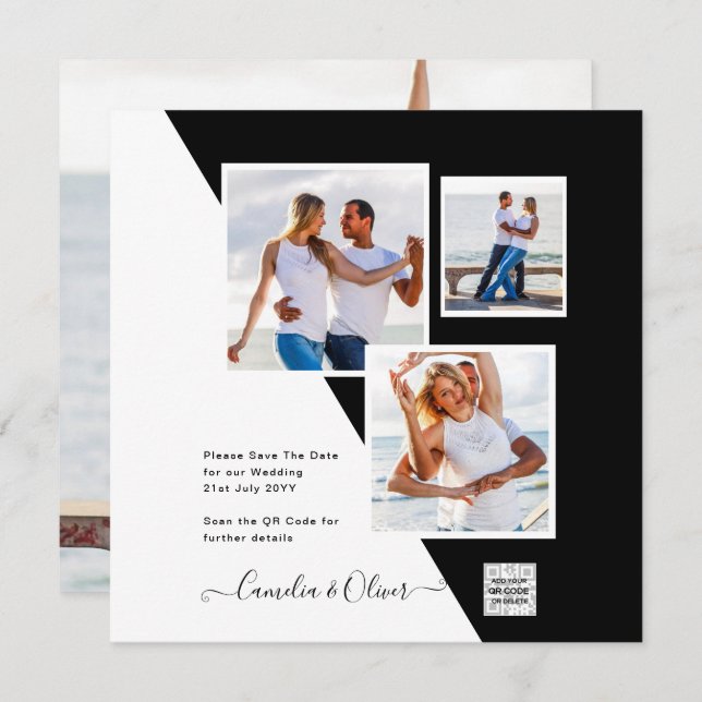 Svartvit fotobröllop - inbjudan QR-kod - Spara dat (Fram/baksida)