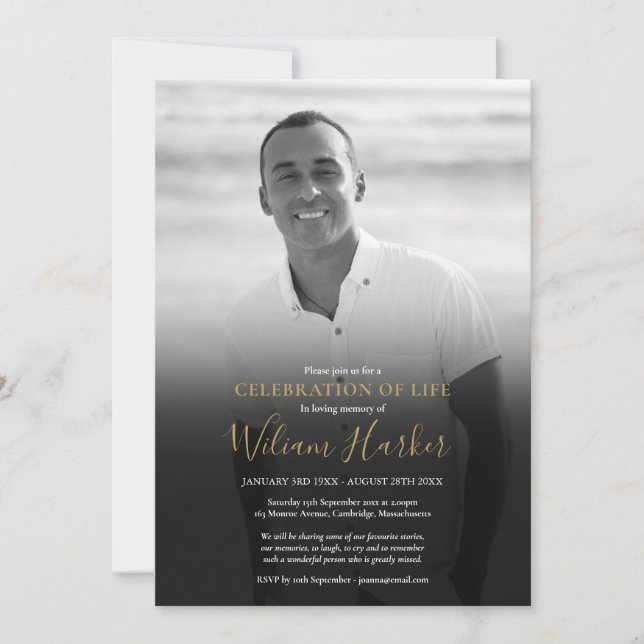 Svartvit fotofirande av livets begravning inbjudningar (Framsida)