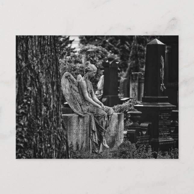 Svartvit fotografering melankolisk ängel vykort (Framsida)