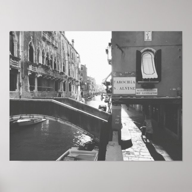 Svartvit fotografi Venedigs Italien Canal Poster (Framsidan)