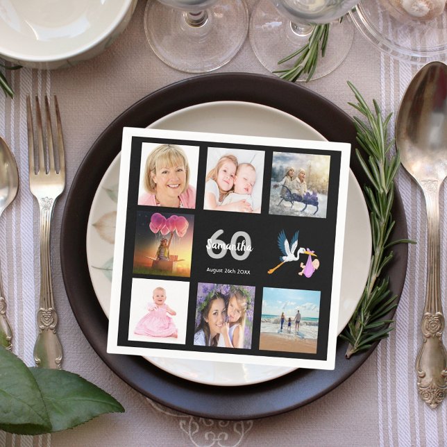 Svartvit fotokollage i namn 60-årsdagen pappersservett (Skapare uppladdad)