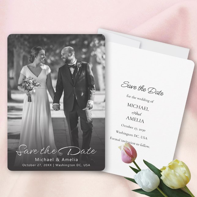 Svartvit fotokort Bröllop spara datum (Black & White Photo  Save The Date Card)
