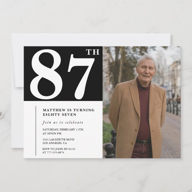 Svartvit fotomän 87-års födelsedagsinbjudan inbjudningar (Framsida)