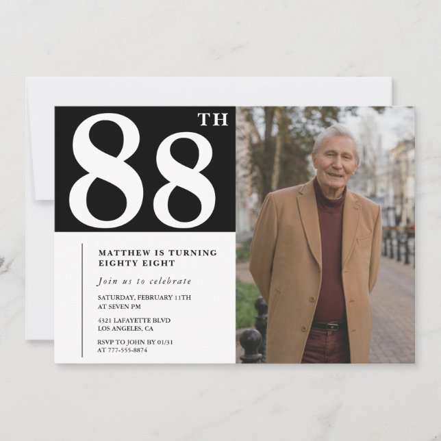 Svartvit fotomän 88-års födelsedagsinbjudan inbjudningar (Framsida)