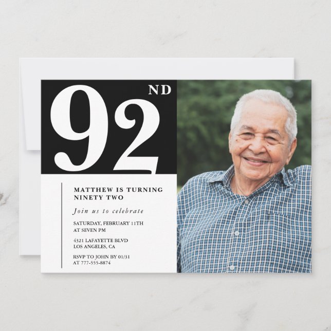 Svartvit fotomän 92-års födelsedagsinbjudan inbjudningar (Framsida)