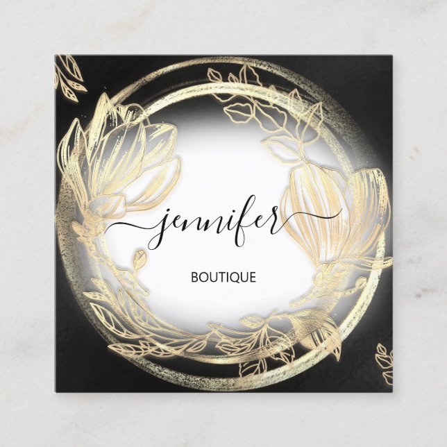 Svartvit från guld Blommigt Ram QRCode Logotyp QRC Fyrkantigt Visitkort (Framsida)