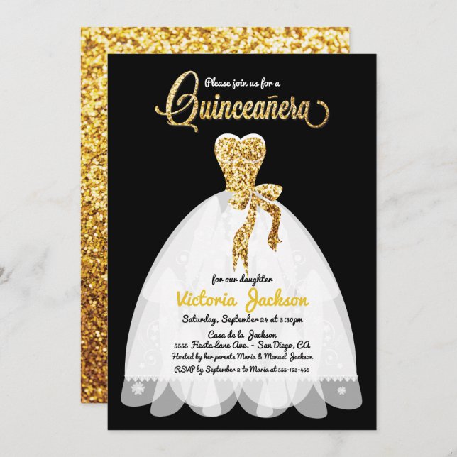 Svartvit från guld Glitter och Quinceañera Inbjudningar (Fram/baksida)