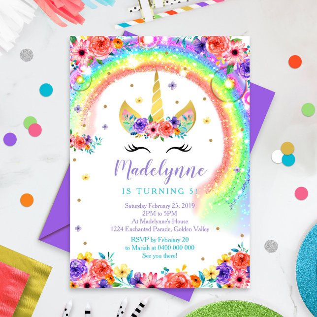 Svartvit från Rainbow Unicorn Birthday-inbjudan Inbjudningar (Skapare uppladdad)