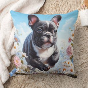 Svartvit Fransk Bulldog & Flowers Kudde