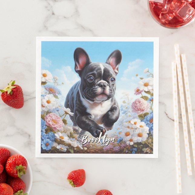 Svartvit Fransk Bulldog & Flowers Pappersservett (Insitu)