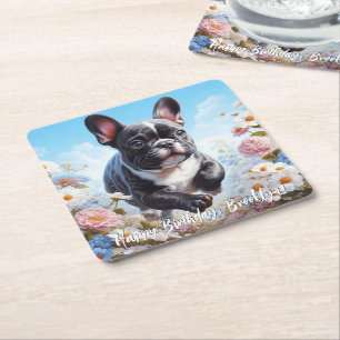 Svartvit Fransk Bulldog & Flowers Underlägg Papper Kvadrat