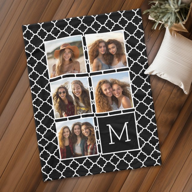 Svartvit fyrkant 5 Photo Collage Monogram Fleecefilt (Personalized fleece blanket with 5 photos and a monogram)