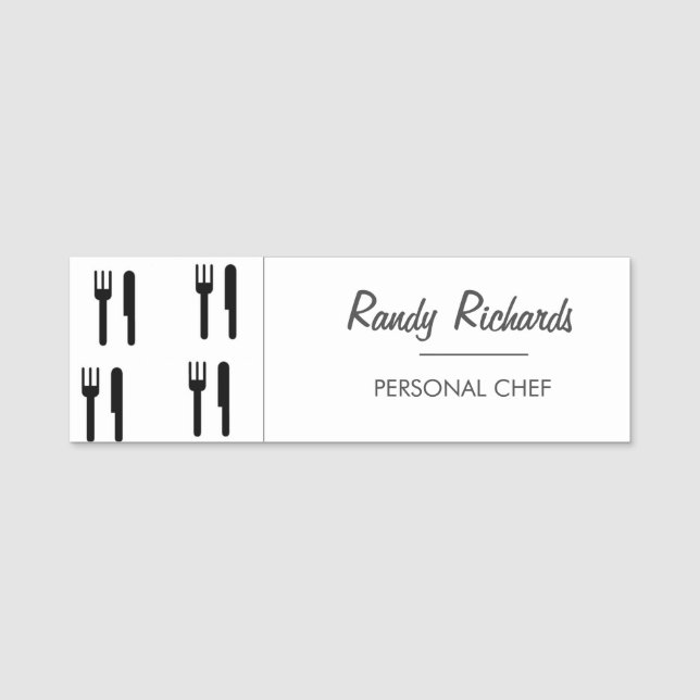 Svartvit gaffel och svartvit knivar mönster namnbricka (Framsida)