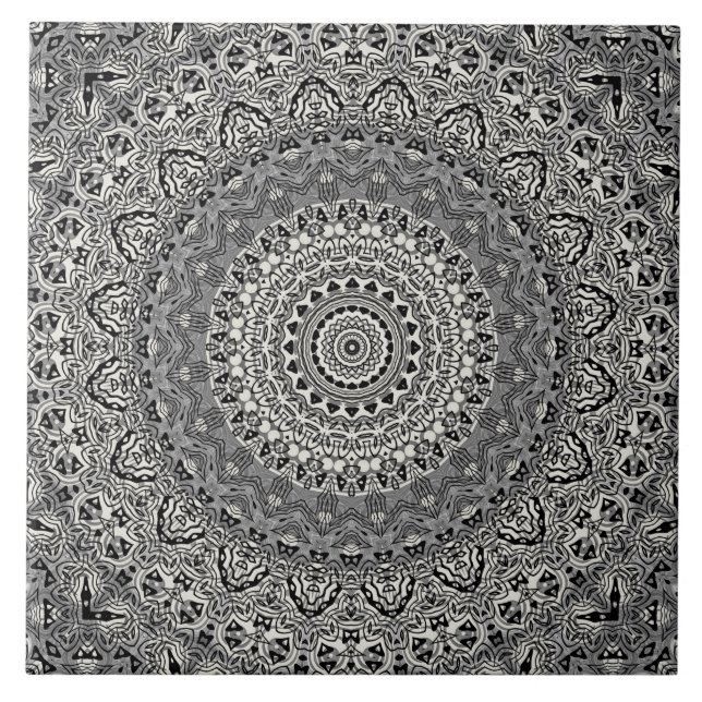 Svartvit Geometric Mandala Mönster Kakelplatta (Framsidan)