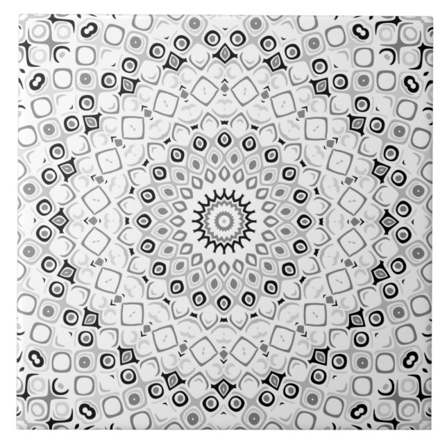 Svartvit Geometric Mandala Mönster Kakelplatta (Framsidan)