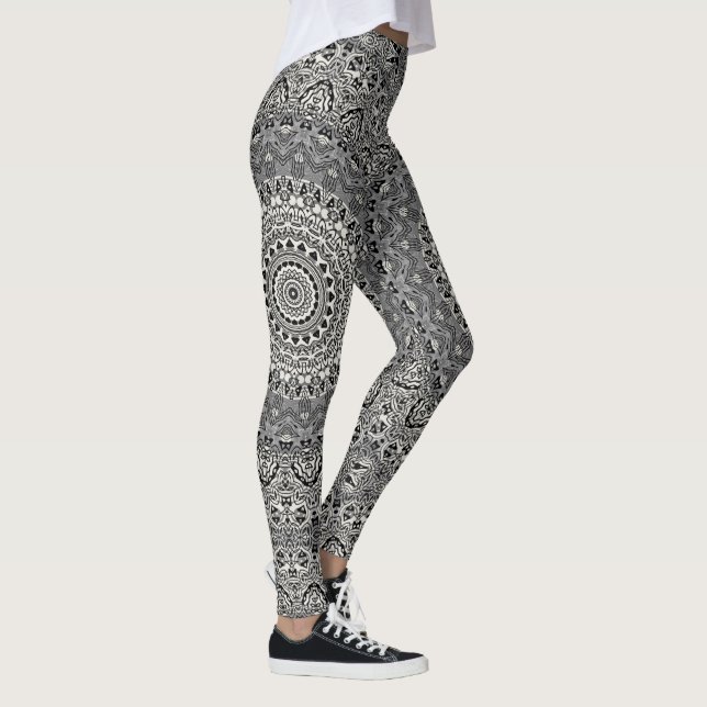 Svartvit Geometric Mandala Mönster Leggings (Höger)