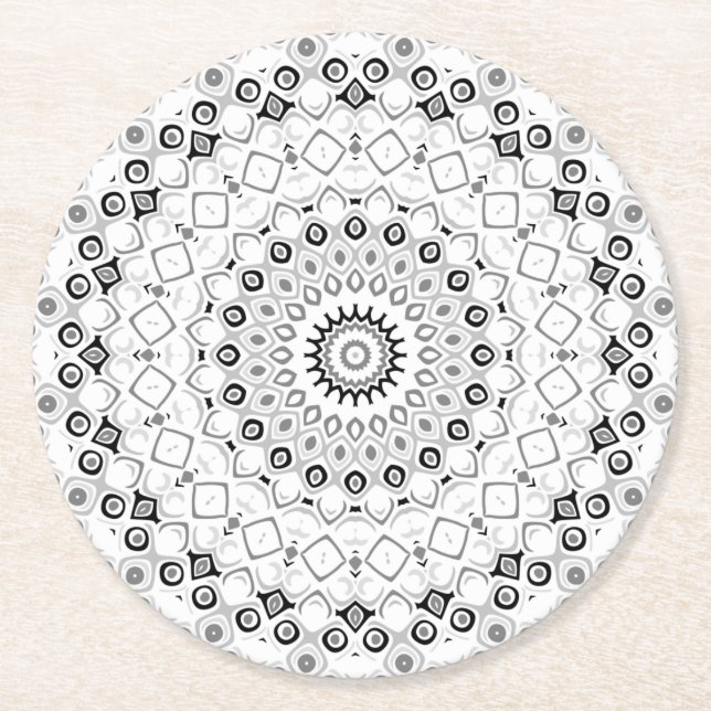 Svartvit Geometric Mandala Mönster Underlägg Papper Rund (Framsidan)