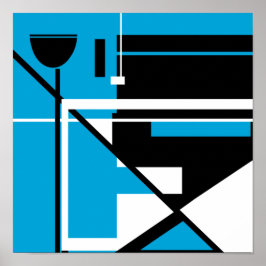 Svartvit geometrisk Abstrakt på medelblått Poster