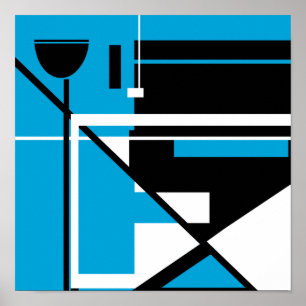 Svartvit geometrisk Abstrakt på medelblått Poster