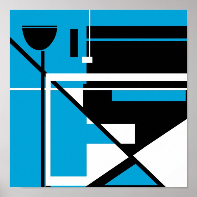 Svartvit geometrisk Abstrakt på medelblått Poster (Framsidan)