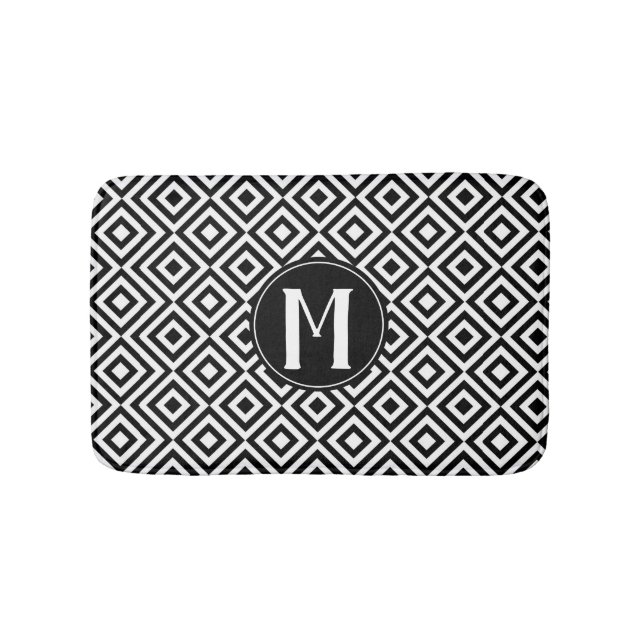 Svartvit geometrisk Diamond Mönster Monogram Badrumsmatta (Framsidan)