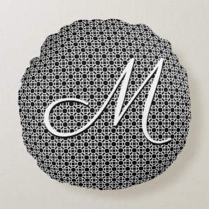 Svartvit geometrisk inledande monogram rund kudde