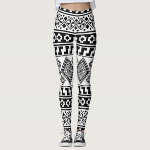 Svartvit geometrisk stambok Mönster Aztec Boho Leggings