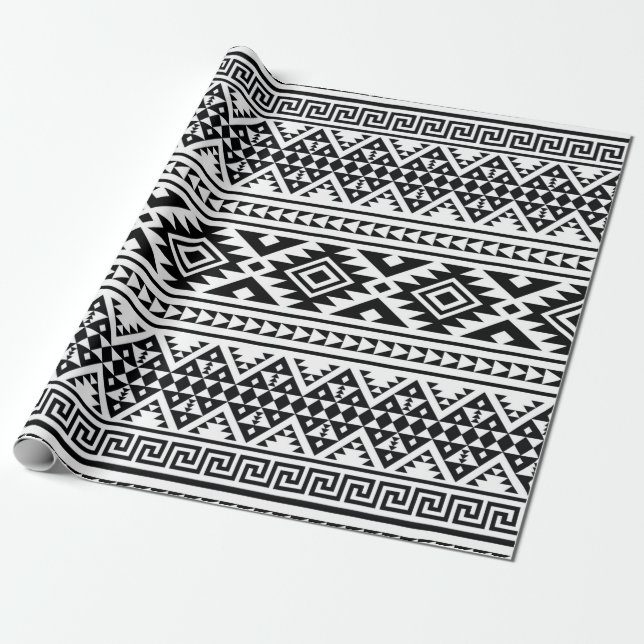 Svartvit geometrisk stambok Mönster Aztec Boho Presentpapper (Utrullad)
